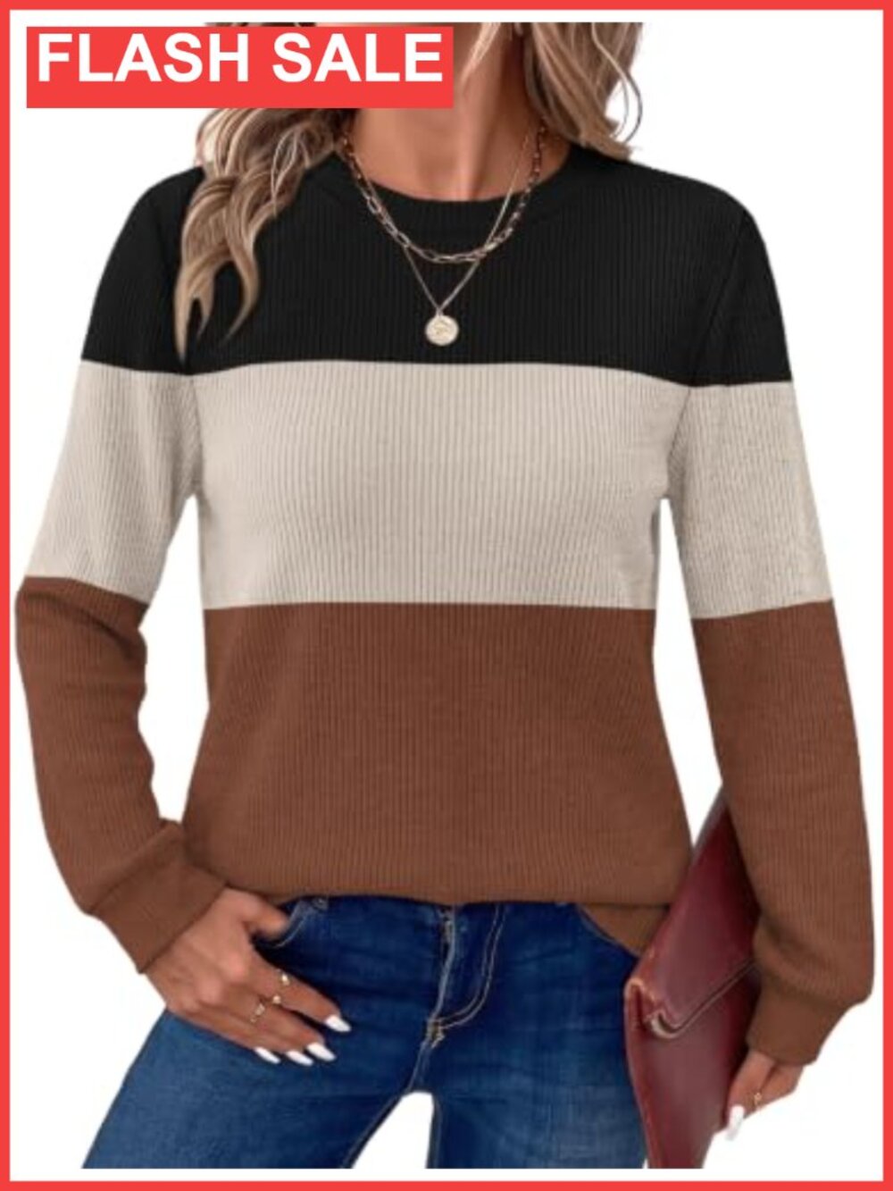 Women's Long Sleeve Tunic Sweater Crew Neck Ribbed Knit Pullover Cozy Fall
